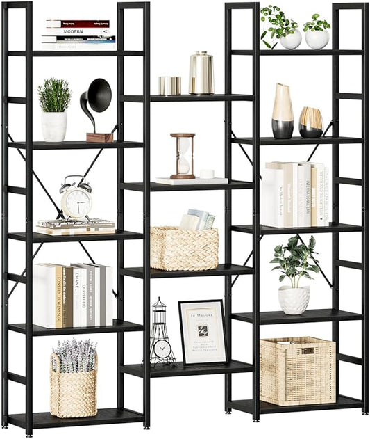 NUMENN Triple Column 5 Tier Bookshelf, Bookcase with 14 Open Display Shelves, Adjustable Rustic Industrial Style Book Shelves, Modern Bookshelves for Bedroom, Living Room and Home Office, Black