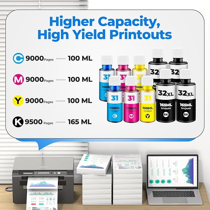 31 32XL Ink Bottle Set for Smart Tank Ink 5101 7602 5000 5103 651 6001 7301 7001 Compatible with HP 31 32XL Ink Bottle Set for Smart Tank 5000 5101 7602 7301 7001 5102 7002 7006 551 Printers, 10 Packs