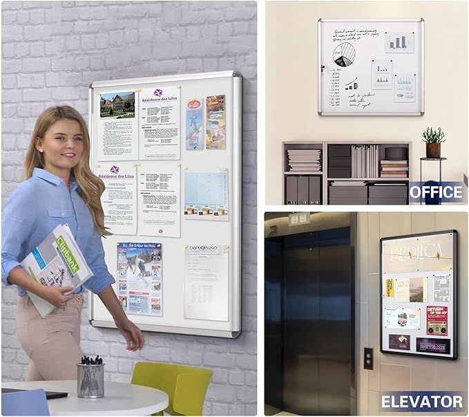 SWANCROWN Enclosed Bulletin Board Magnetic Dry Erase Noticeboard Lockable Display Boards White with Aluminium Frame 26x20inch(4xA4)