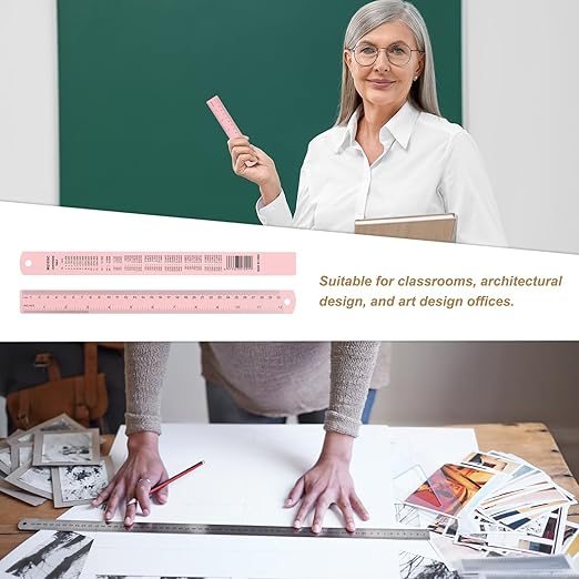 HARFINGTON 6pcs Metal Straight Ruler 30cm Metric SAE Aluminum Alloy Measuring Rulers Scale Tool with Hole for Measure Study Reading Classroom Office, Pink