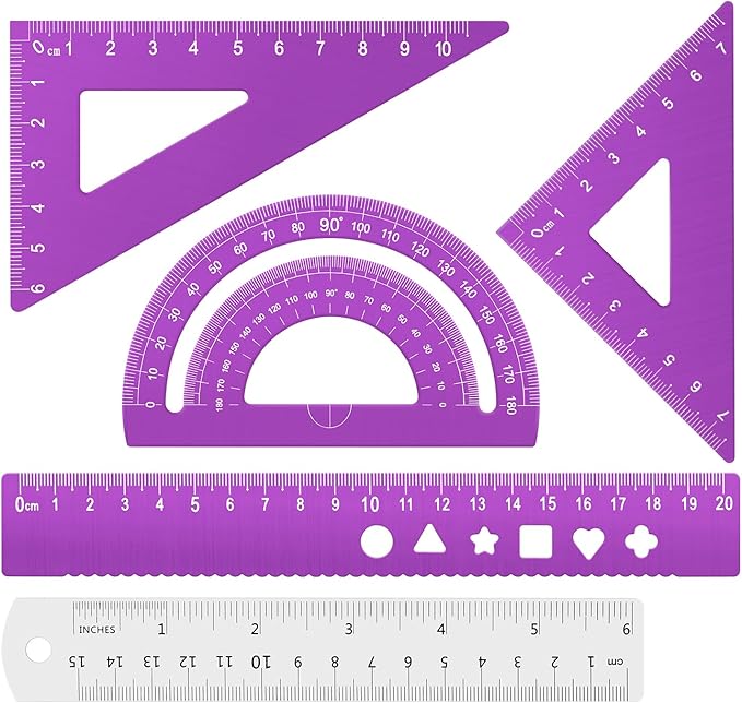 Honagu Triangular Ruler Set, 4+1Pieces Aluminum Alloy Ruler, Metal Drafting Ruler, Geometric Protractor for Students, School Office Supplies (Purple, 20cm)
