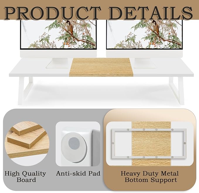 TEAMIX Dual Monitor Riser with Metal Leg, 31.5 inch Long Monitor Stand Riser Wide TV Stand Riser White Monitor Stand for 2 Monitors Wood & Steel Desktop Riser for Home Office Desk Organization