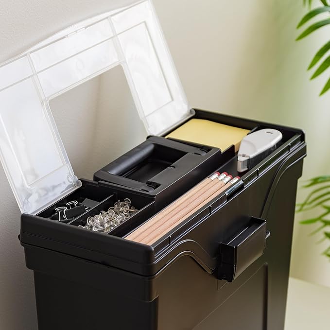 IRIS USA File Box Slim with Lid File Organizer for Letter File w/ Organizer-Lid, Water Resistant Document Box, Plastic Mobile Filing Organizer, Secure Buckle, Portable Handle, Lockable, Black 4 Pack