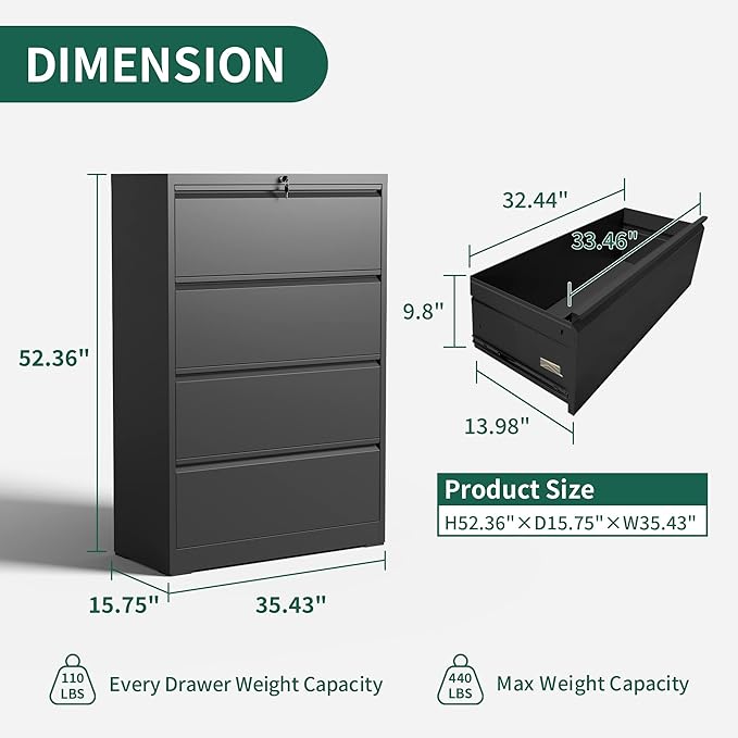Lateral File Cabinet 4 Drawer, Metal File Cabinets for Home Office Legal/Letter A4 Size, Filing Cabinet with 4 Lock, Require Assembly, Black