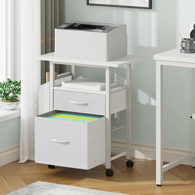 2 Fabric Drawer File Cabinet with 24'' Extended Desktop, Mobile Filing Cabinet, Rolling File Cabinet with Side Bag, Fits A4 Size, Home Office, White