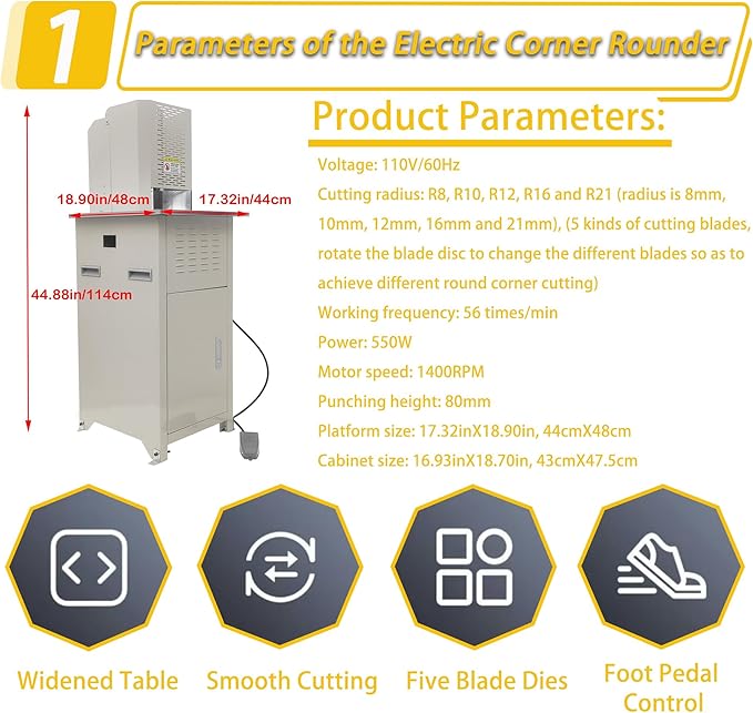 Electric Round Corner Cutter Machine with 5 Blades (8/10/12/16/21mm Radius) Foot Pedal Operation Safety Guard Heavy Duty Paper Corner Rounder for Paper Cardstock Leather Plastic