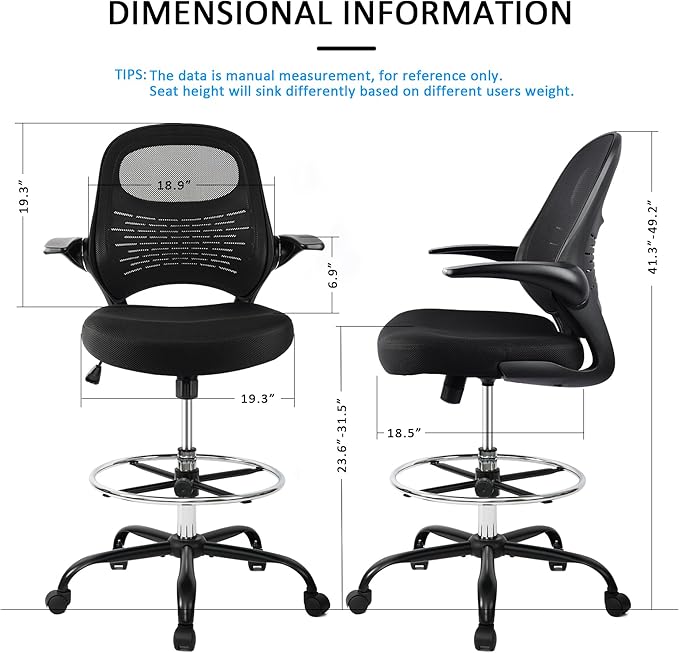 HYLONE Drafting Chair Tall Office Chair with Flip-Up Armrests Ergonomic Computer Chair with Lumbar Support Adjustable Footrest Ring Mesh Standing Desk Chair (Black)