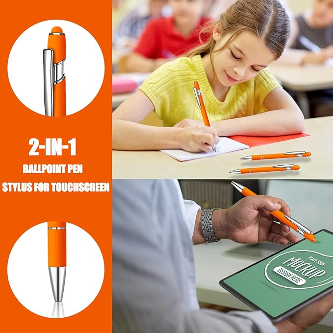 12 Pcs Blue Ink Ballpoint Pen with Stylus Tip, 1.0 mm Metal Pen Stylus Pen for Touch Screens, 2 in 1 Thank You Pen Gift for Friends, Colleagues, Coworker, Office, Family (Orange)