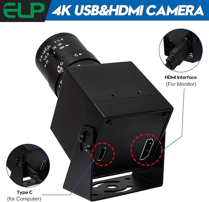 ELP 4K USB HDMI Camera Manual Zoom Webcam - Variable Focus H.264 Telescope USB Security Mini Close-up for Computer - 8mp IMX415 Industrial CCTV (2.8-12mm 4X Zoom Lens)