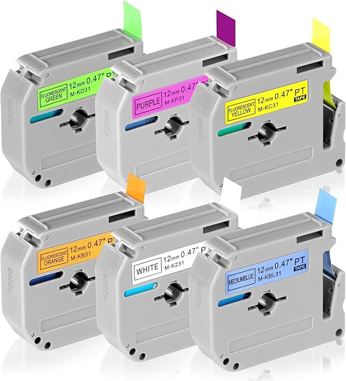 6 Pack Fluorescent Color Compatible M-k231s Brother Label Tape 12mm 0.47 Replacement for Brother P Touch M Tape M-K231 Compatible with P Touch PT-M95 PT-90 PT-70 PT-65 PT-85 Label Maker Refills
