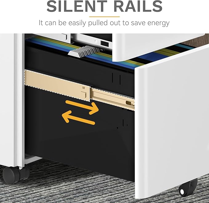 DWVO 3-Drawer Vertical File Cabinet, Mobile Filing Cabinet with Lockable, Pre-Assembled Compact Slim File Cabinet, Portable Office Storage for A4/Letter/Legal Documents (White)