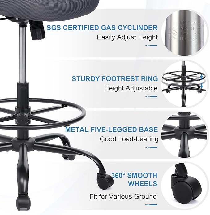 HYLONE Tall Drafting Chair Standing Desk Chair with Flip-Up Armrests, Adjustable Height Ergonomic Office Chair with Footrest Ring - High Stool Chair for Standing Desk (Dark Grey)