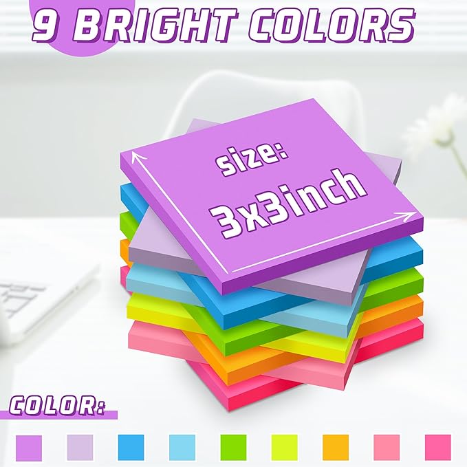 (36 Pack) Sticky Notes 3x3 in Post, 9 Bright Colors Self-Stick Note Pads it, Strong Adhesive, Easy to Post for Home, Office, Notebook