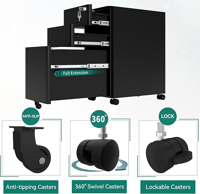 YITAHOME 3-Drawer File Cabinet, Lockable Mobile Filing Cabinet for A4/Letter/Legal Size Folder, Vertical File Cabinet for Home Office, Installed Except Casters, Black