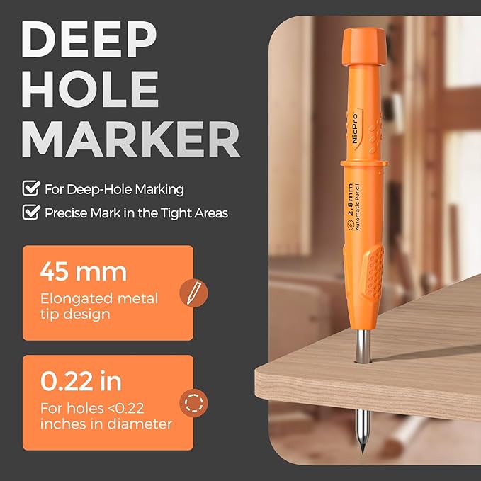 Nicpro CP3000 Carpenter Pencil with Sharpener, 2.8mm Mechanical Pencils with 19 Refill, Deep Hole Marker for Construction, Heavy Duty Woodworking Pencil, Carpenter Tools for Architect Marking (Orange)