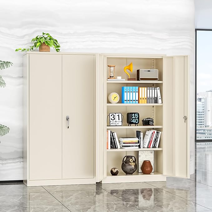 INTERGREAT Tall Metal Storage Cabinet Locking Steel with 4 Adjustable Shelves,72" Lockable Cabinets Lock 2 Doors for Office Garage Supply Home (Cream Grey)