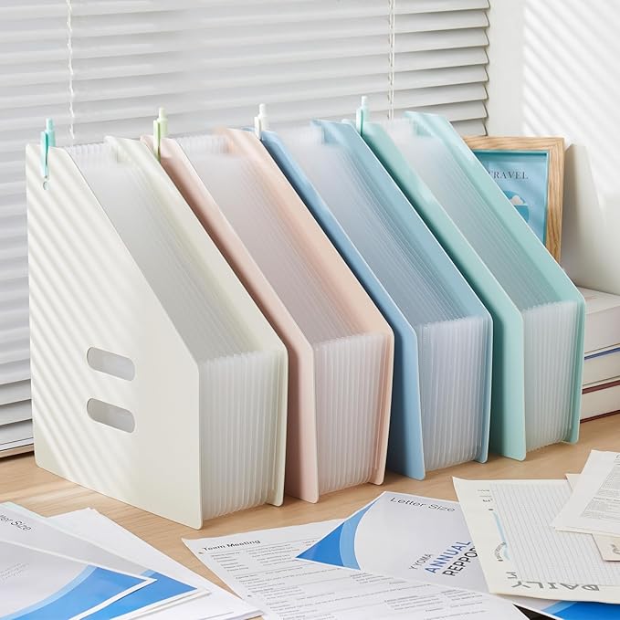 Y YOMA 2 Pack Expanding Magazine Holder with 13 Pockets | Portable Desktop Plastic Self Standing Accordion File Organizer for A4 Letter Size Document Storage Home Office School, Grey