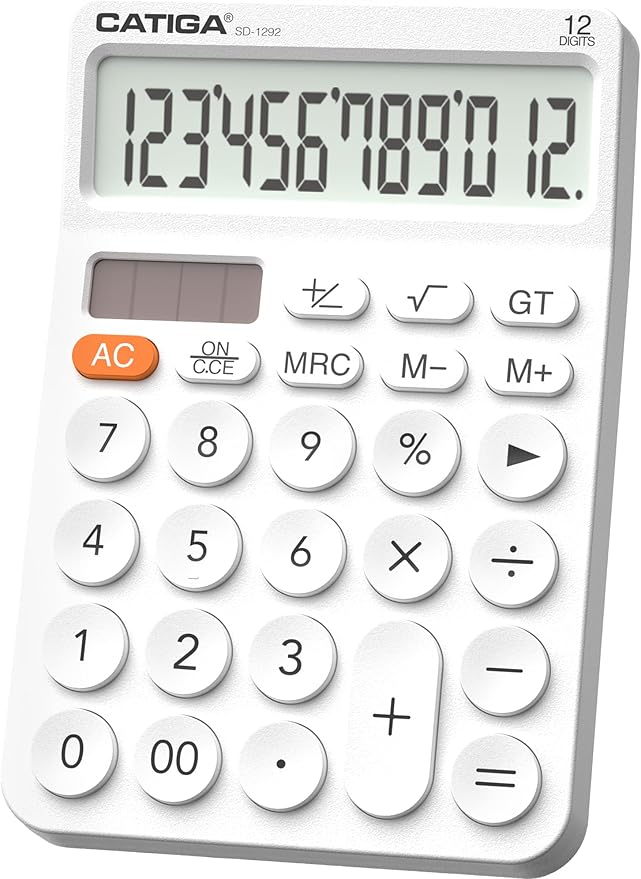 CATIGA 12 Digit Desktop Calculator Basic Desk Calculator with Large LCD Display, Big Buttons, 4 Function, Solar and Battery Dual Power, for Office, School, Home, SD-1292 White