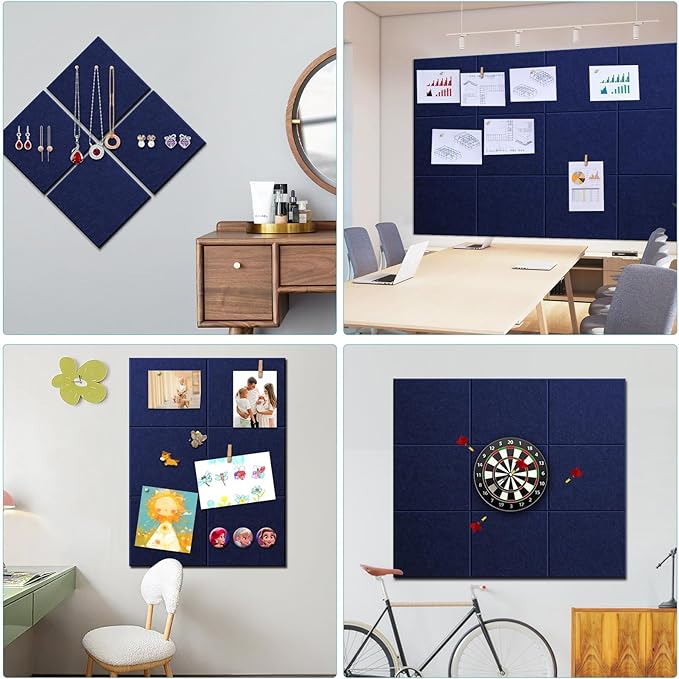 Large Cork Board 48" x 36" - Blue Bulletin Board for Walls - 12 Pack Felt Wall Tiles with Safe Removable Adhesive Tabs - Corkboard for Office Classroom Home Decor - Navy Blue