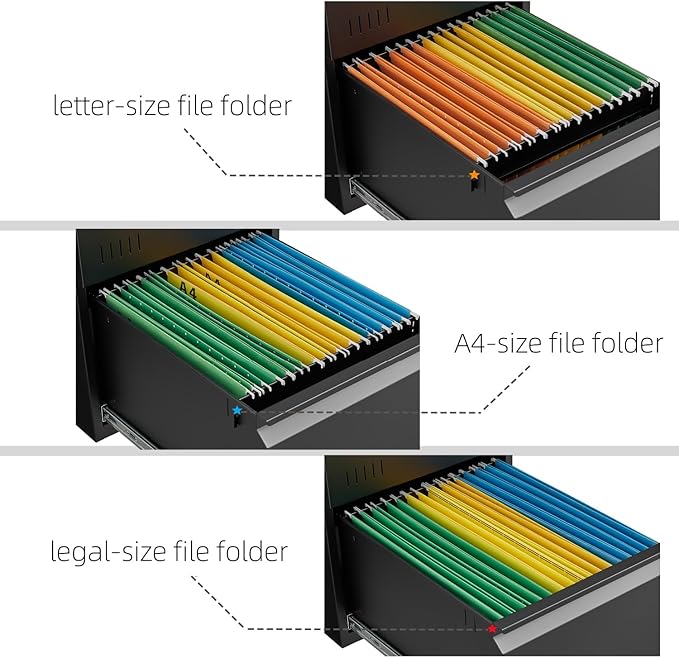 Metal File Cabinet with Lock, 2 Drawer Lateral File Cabinets for Home Office, Printer Stand, Heavy Duty Office Storage Cabinet for A4/Letter/Legal Size, Assembly Required(Black)