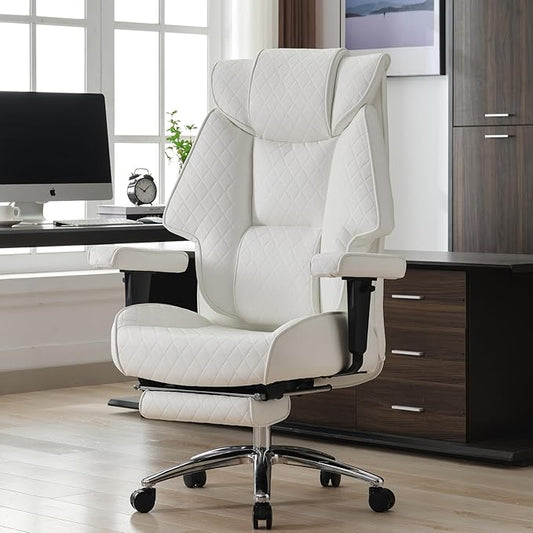 Big and Tall Office Chair with Footrest, PU Leather High Back Executive Office Chair 400lbs, Ergonomic Computer Chairs Lumbar Support for Heavy People (White)