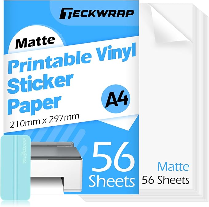 TECKWRAP Printable Vinyl Sticker Paper for Inkjet Printer, Matte Inkjet Printable Vinyl, 8.26" x 11.69" A4 56 Sheets/Pack Photo Paper for Craft Scrap-Booking, Stickers, Labels