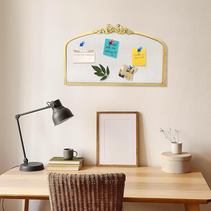 Vintage Arched Linen Cork Board with Gold Bowknot – Decorative Bulletin Board for Walls, Iron Frame Pin Board for Notes, Photos & Reminders, Elegant Vision Board for Home & Office 24"x 15"