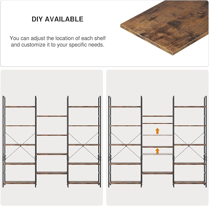 OTK Triple Wide 5 Tier Bookshelf, Rustic Industrial Style Bookcases with 14 Open Display Shelves, Wide Bookshelves for Bedroom, Living Room and Home Office, Rustic Brown
