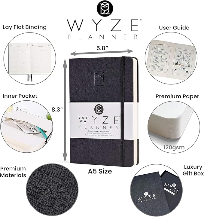 Undated Daily Planner – 3-Month A5 Productivity Organizer with Full Page Per Day, Hourly Schedule, Goal Setting, Habit Tracker, Weekly & Monthly Pages – Hardcover Time Management Notebook (Black)