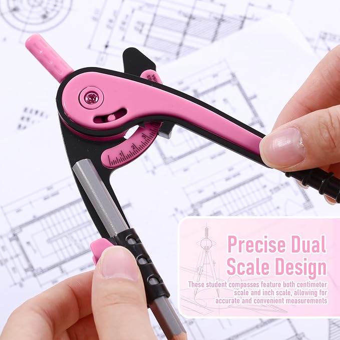 EBOOT Student Geometry Math Set, Drawing Compass and 6 Inch Clear Swing Arm Protractors 180 Degree Math Protractor(Pink)