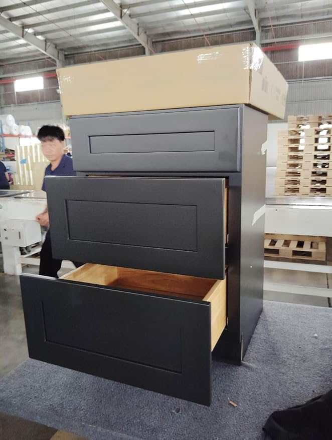 Shaker Style Charcoal Black RTA Base Cabinet with Drawers - Solid Wood 3-Drawer Design with Soft Close, 24" W x 24" D x 34.5" H, Perfect for Standalone Use or Kitchen Cabinet Combinations