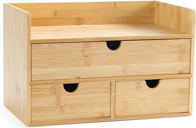 Desk Organizer with Drawers - Bamboo Desktop Organizers Storage | Wood Makeup Organizer for Bills, Office Supplies, Cosmetics, Seals, Kitchen Utensils, No Assembly Required