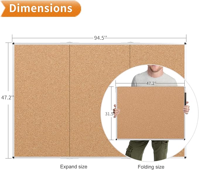 VIZ-PRO 96" x 48" Large Cork Bulletin Board, Foldable & Wall-Mounted Notice Pin Board with Silver Aluminum Frame, for School Home Office - 8' x 4' Corkboard