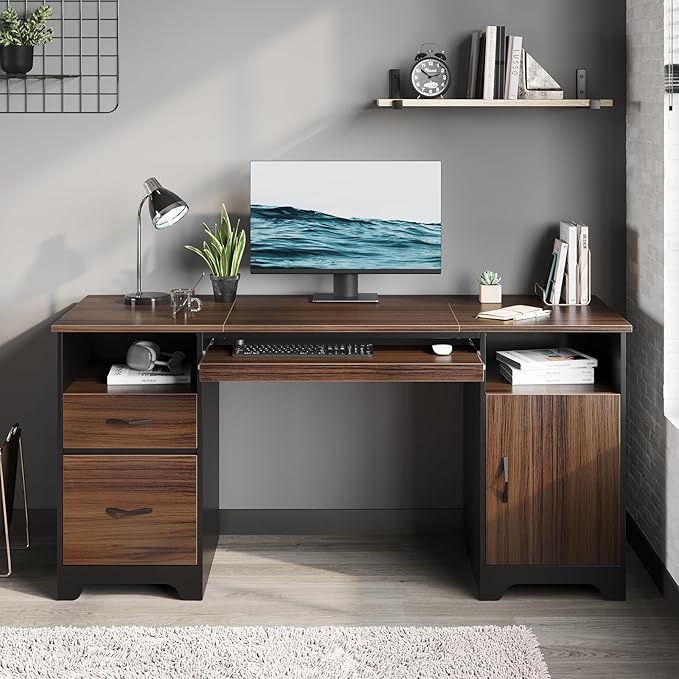 Bestier 59” Executive Desk with 2 Drawers, Computer Desk with Storage Cabinet, Industrial Wood Desk with File Drawer, Keyboard Tray & 2 Pedestals for Home Office & Studio, Cherry