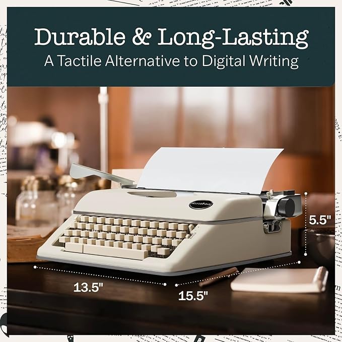 Maplefield Classic Portable Manual Typewriter - Cream, 8 x 11 in Paper - Word Processor Function & Typewriter Ribbon Included - Home Office & Office Decor