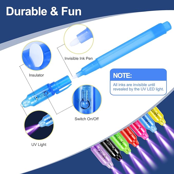 28 Pcs Invisible Ink Pens with UV light for kids, Word Search & Maze Activities Cards Included, Education & Party Favors, End of School Year Gift, Birthday,Halloween, Christmas, Goodie bag stuffers
