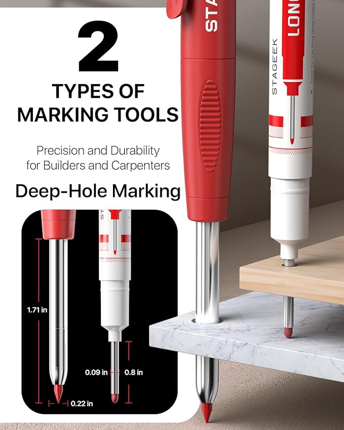 4PCS Carpenter Pencils with Sharpener, Heavy Duty Woodworking Pencils, Mechanical Carpenter Pencil with 52 Refills, Deep Hole Long Nib Marker Pens for Architect Construction Marking with Case