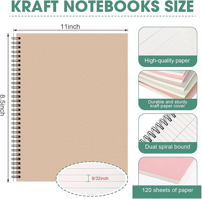Glenmal 6 Pcs Spiral Notebook for Work A4 8.5 x 11'' College Ruled Spiral Journal Notebook Kraft Cover Ruled Paper, 120 Sheets 240 Pages for Office Study Supplies(Bohemian Colors)