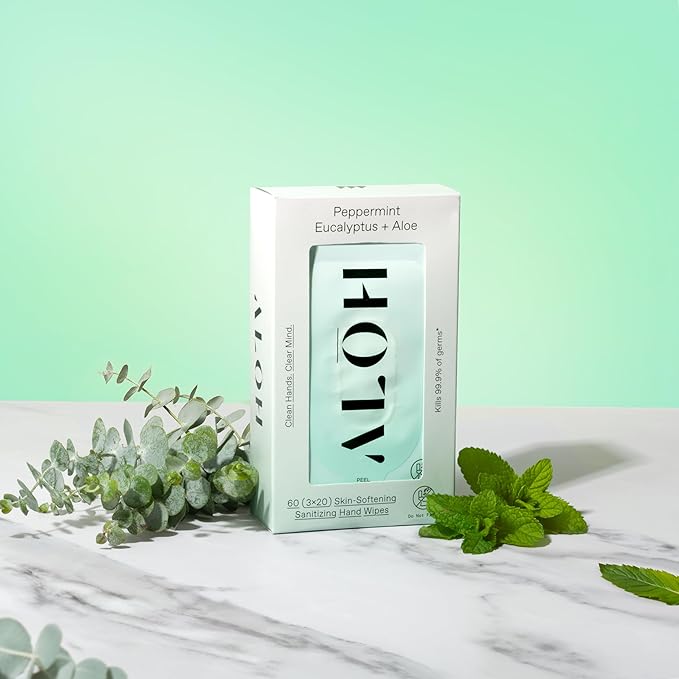 ALŌH Peppermint Eucalyptus + Aloe Sanitizing Hand Wipes - Clean Hands, Clear Mind On The Go Sanitizer for Kids and Adults - Travel Size 3 Pack 20ct Wipes (60 Wipes)