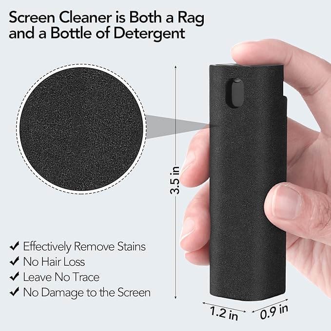2 Pcs Fingerprint Proof Screen Cleaner, 3 in 1Touchscreen Mist Cleaner Spray Wipe Cleaner Screen Cleaner Soft Fiber Flannel,Safe for All Phones Glasses Tablet Laptop TV Watch Screens (Black)