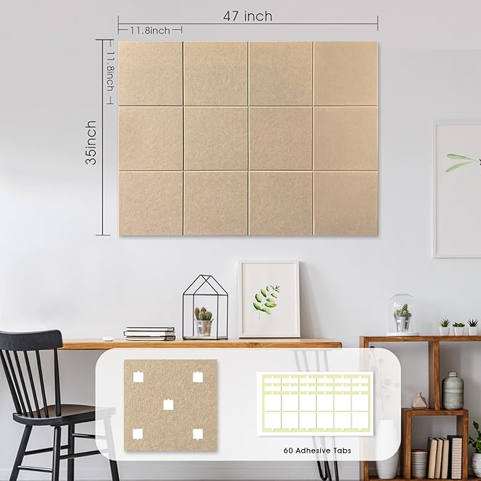 Large Cork Board for Office Wall Decor,48"x36"-12 Pack Felt Wall Tiles with Safe Removable Adhesive Tabs, 1/2" Thick, Felt Bulletin Board Pin Board Cork Boards for Walls - Tan