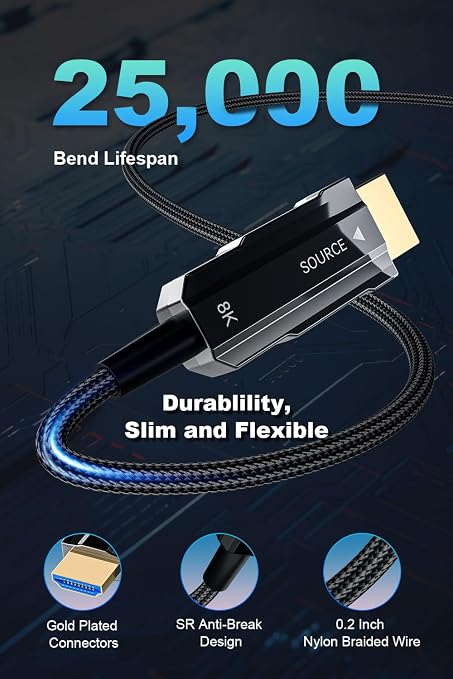 8K HDMI 2.1 Cable 15ft/5m, Fiber Optic HDMI Cable Braided Cord, High Speed - Image 8
