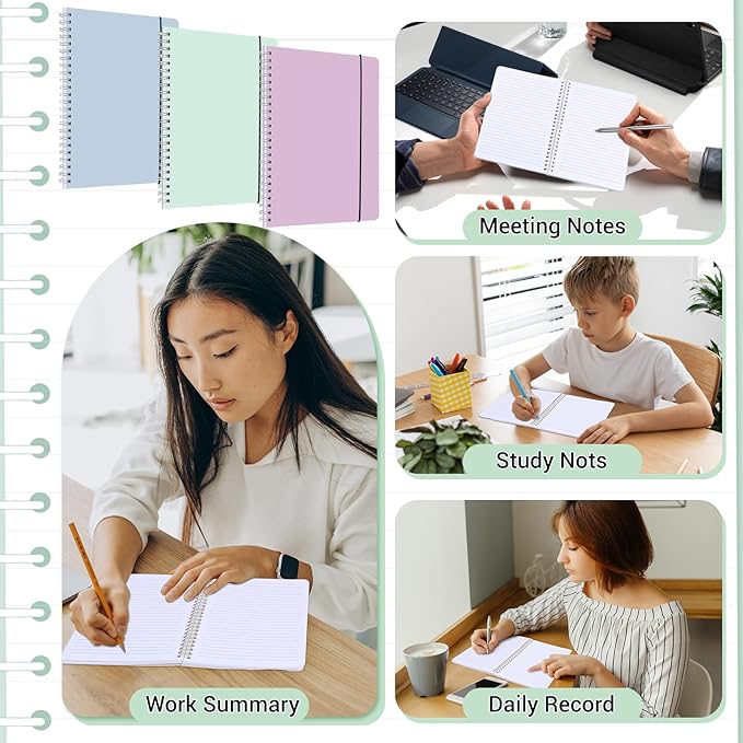 3 Pcs Spiral Notebook 5.9x8.3, 140 Pages Small Notebook for Women A5 College Ruled Journals Cute Notebooks with Large Pockets and Index Stickers for Home School Office Use（Purple, Green, Blue）