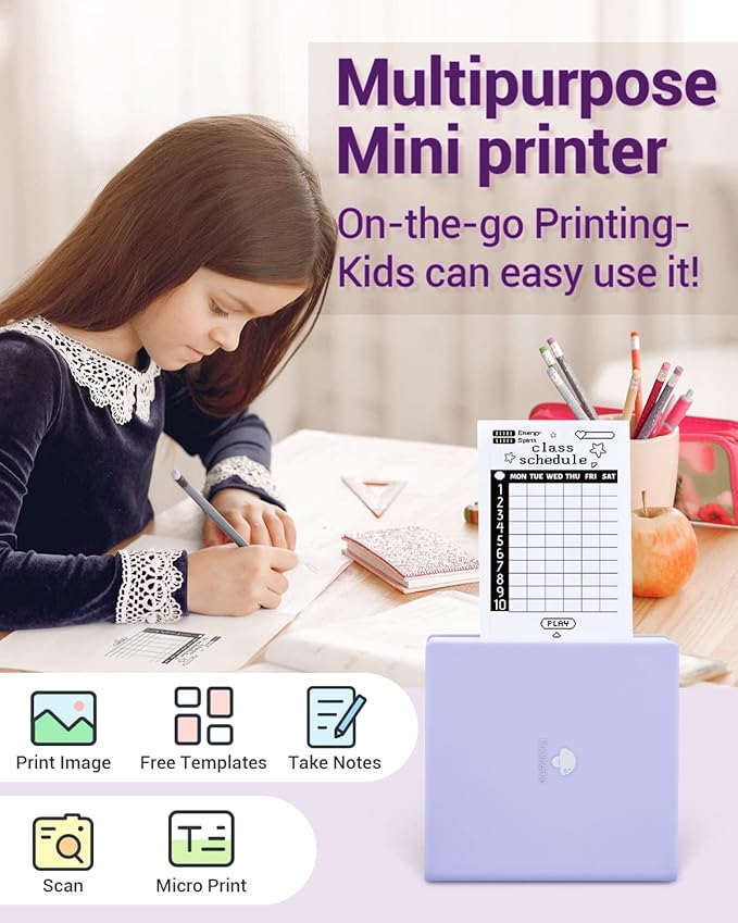 Phomemo Mini Sticker Printer- Mini Printer Sticker Maker Machine M02, Print Pods Suitable for Creative DIY, Diaries, Photos, Study Notes, Portable Thermal Inkless Label Maker for Home/Travel, Purple