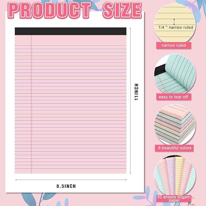 Fuutreo 8 Pcs 8.5'' x 11'' Colored Legal Pad Writing Pads Narrow Ruled 50 Sheets Per Notepad Perforated Writing Notepad Office Supplies for College Office Business (Macaron Color)