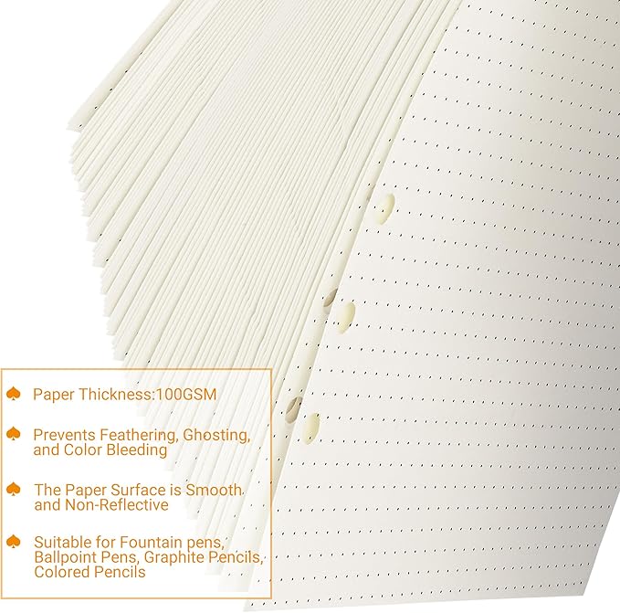 A5 Dot-Ruled Refill Paper, 100gsm Thick Beige No-Bleed Sheets (80-Pack), Pre-Punched – Fits A5 6-Ring Binders for Office, School & Teachers