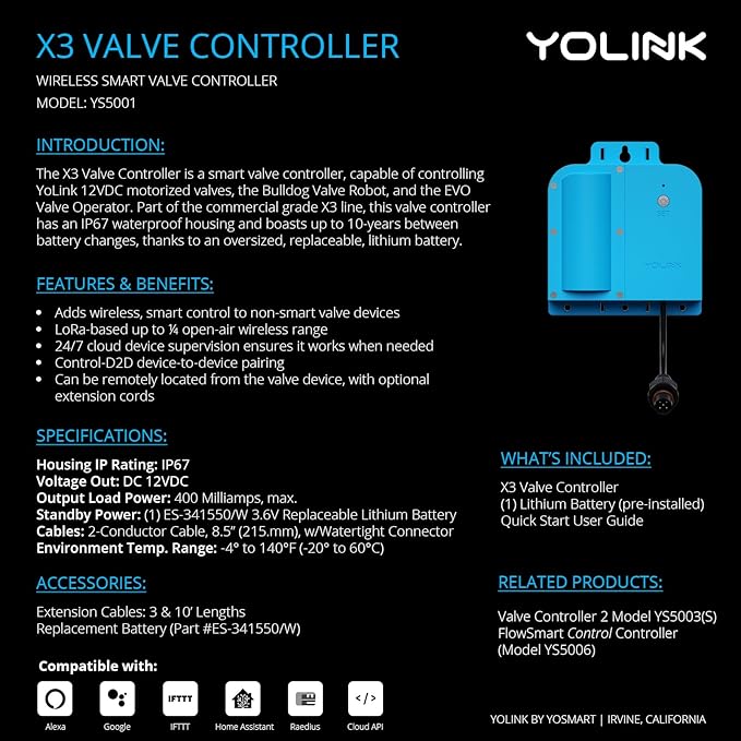 YoLink X3 Valve Controller Kit, 3/4" Brass Motorized Ball Valve, LoRa Long Range - Image 2