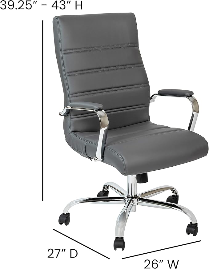 Flash Furniture Whitney High-Back Swivel LeatherSoft Desk Chair with Padded Seat and Armrests, Adjustable Height Padded Office Chair, Gray/Chrome