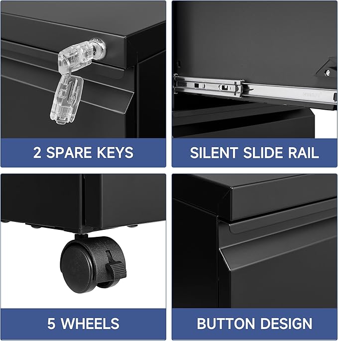 Mobile File Cabinet with Lock - 2 Drawer, Small Rolling Cabinet for Home Office, Legal/Letter/A4 (Black)