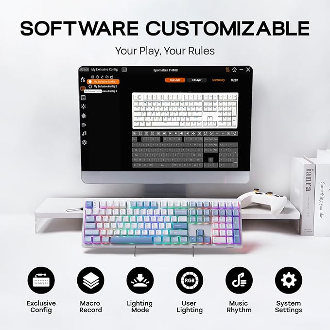 EPOMAKER TH108 Full Size Mechanical Keyboard, Wireless Gaming Keyboard with 8000mAh Battery, Creamy Gasket, 108 Keys, Hot Swap, Custom Driver, RGB Backlight (Blue&White, Creamy Jade)